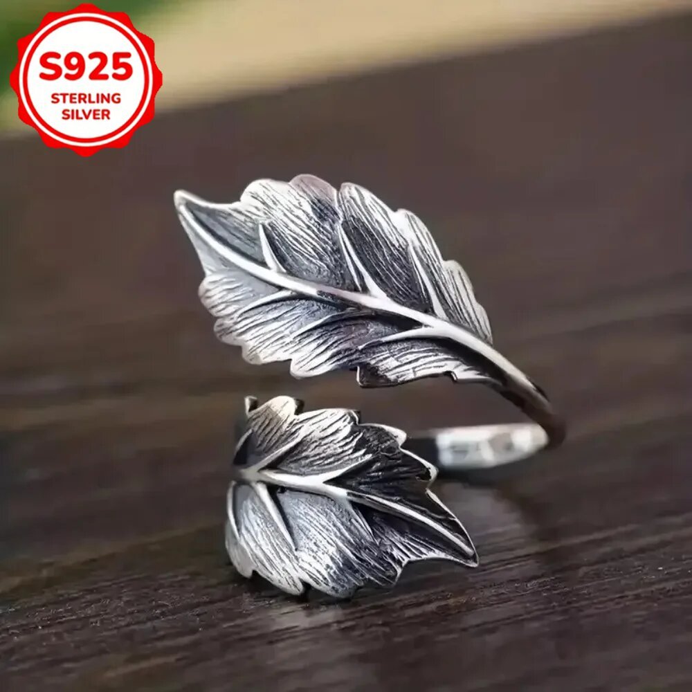 TEMU 925 Silver Retro Style Women's Creative Leaf Ring Adjustable Hand Accessory