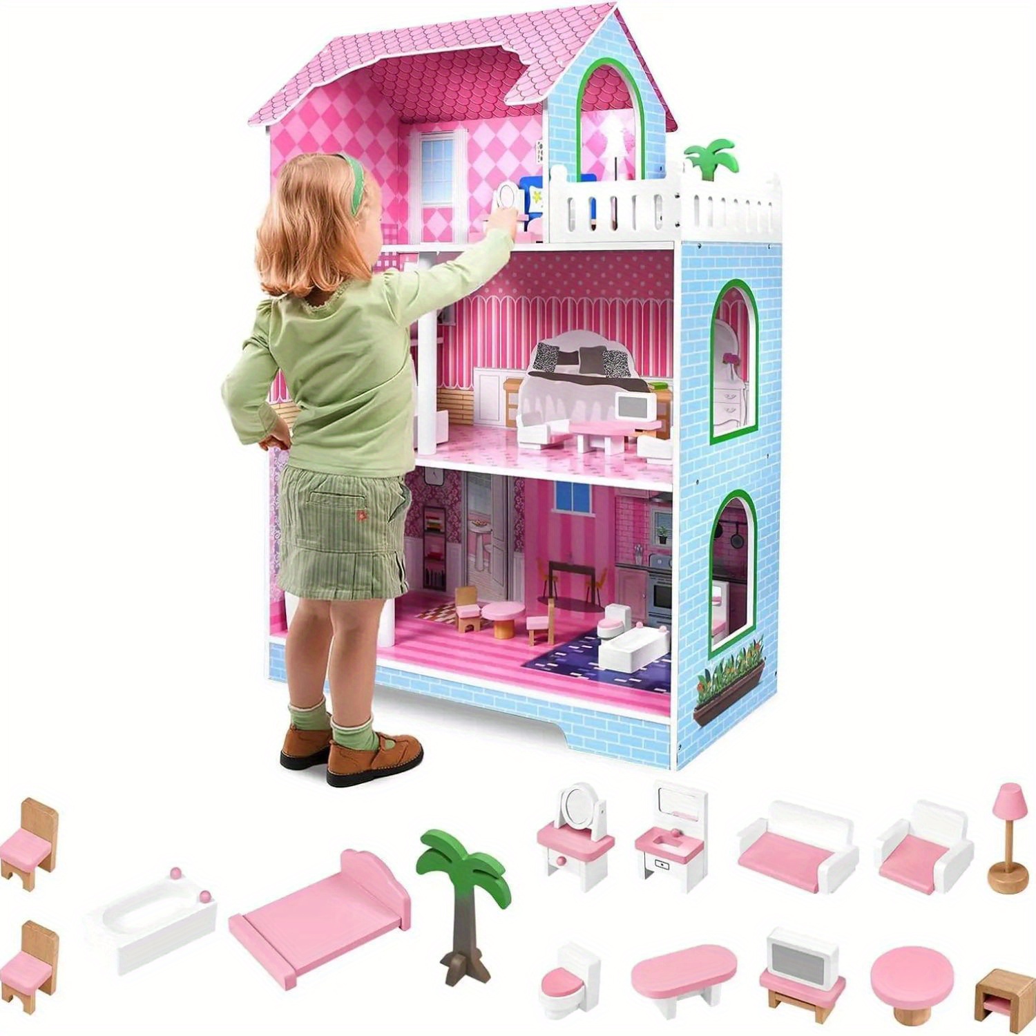 TEMU Dolls House Wooden Dolls House 3 Tier Diy Dolls House With Furniture And Accessories, Large Dolls Toys For Girls From , 70x30x100cm