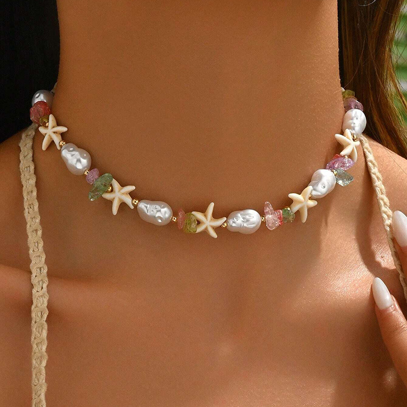 TEMU 1pc, Women's Fashion Choker Necklace, Summer Seaside Vacation Artificial Starfish Irregular Colored Pebble Choker Necklace, Bohemian Style