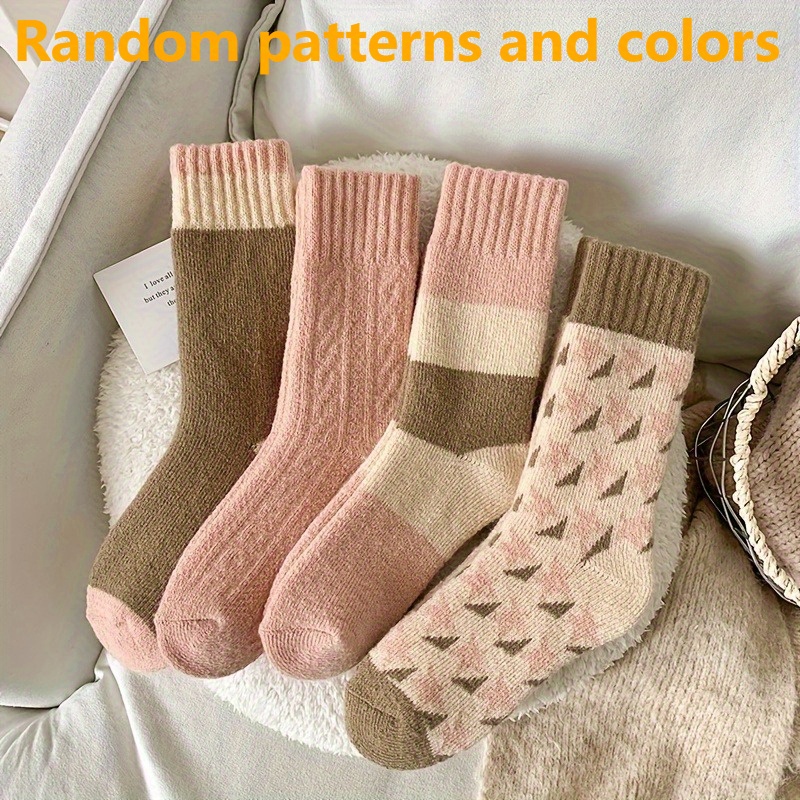 TEMU Random Color 4pcs/2 Pair Women's Thick Medium Towel Socks - Winter Warm And Comfortable Striped Socks, Soft And , Essential For Autumn And
