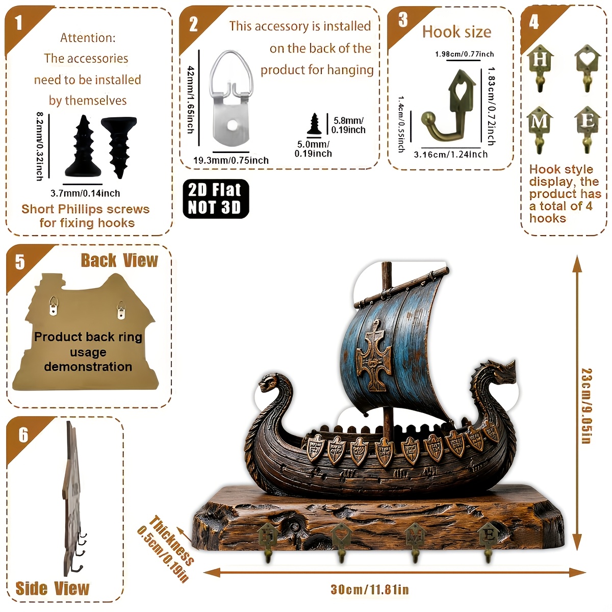 E-shop 2D Fläche, 1er Pack, Wikinger Drachenboot-förmiger Schlüsselhaken, multifunktionales Schlüsselbrett aus Holz für Zuhause, mit vier Metallhaken,