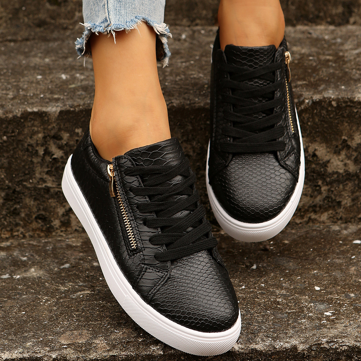 women's black snake print sneakers zipper casual lace Temu New