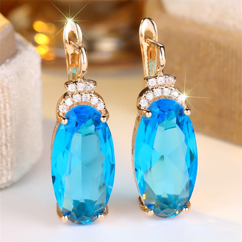 TEMU Pendientes de moda de color dorado con piedra grande azul agua, circonita cúbica sintética, pendientes de flor, regalo de San Valentín