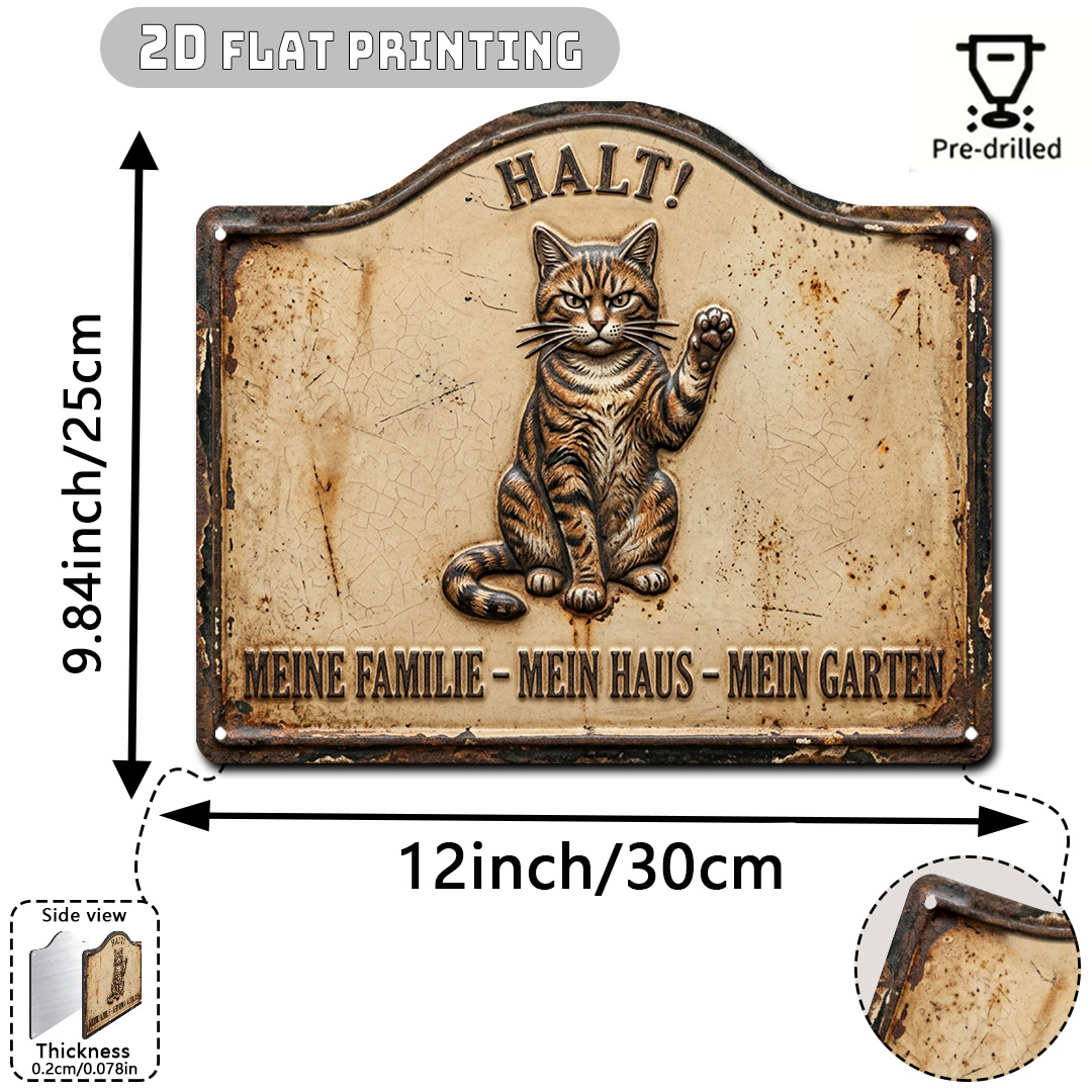TEMU [2D Flach] . Vintage lustiges Schild mit Katzenmotiv aus rostigem Aluminium, (12'x9.8'), Distressed-Rost-Textur, humorvolle Außendekoration,