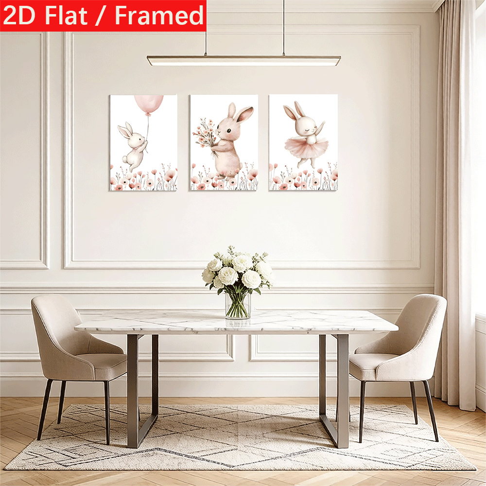 3-Panel Framed Canvas Wall Art - Cute Rabbit Nursery Print