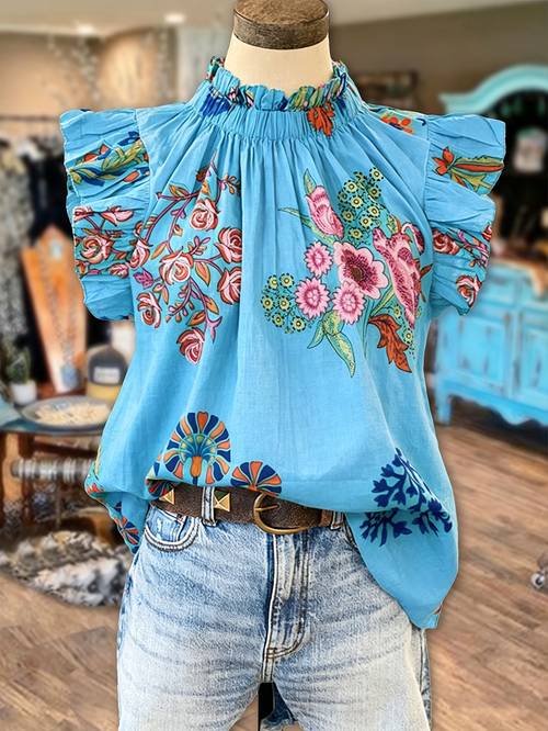 1 green floral print ruffle flutter sleeve mock neck blouse western style casual for daily date and vacation trendy womens wear