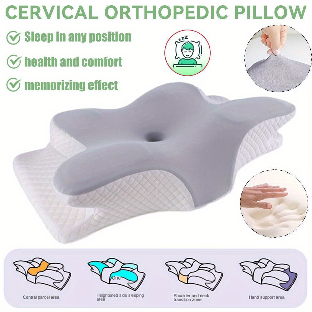Ergonomic Sea Island Cotton Neck Pillow - Orthopedic Contour for Side, Back, Stomach Sleepers, Soft & Breathable, Machine Washable, grey, 1pc