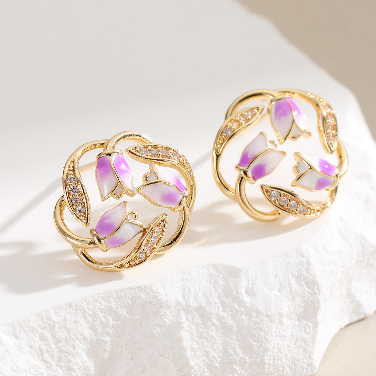 TEMU Luxurious Elegant Style Hollow Ring Relief Gradient Flowers Side Flowers Leaves Inlay Transparent Synthetic Zirconia Women's Fashion Stud