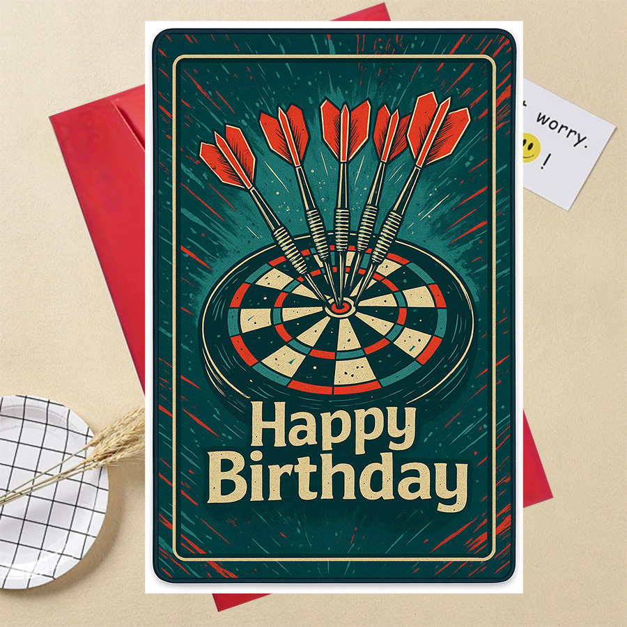 Image of A Vintage Dartboard Birthday Card - A Gift For Dart Players Featuring The Words 'happy Birthday', Designed With Red Darts And A Dartboard - Perfect For Dart Player Birthday Party Decorations