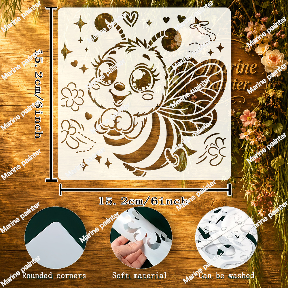 TEMU Cute Cartoon Bee Drawing Template - Smiling Bee, Flowers, Heart, And Leaves-detailed Wings And -suitable For Fabric Painting, Canvas, Paper