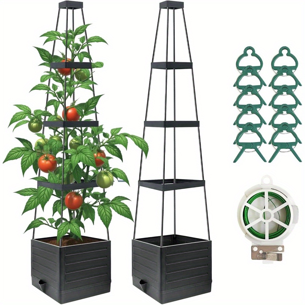 E-shop Set mit 2 erhöhten Gartenbeet-Pflanzgefäßen mit Rankhilfe, 58-Zoll-Tomatenbeet-Design für Kletterpflanzen, Gemüse, Weinreben und Blumen,