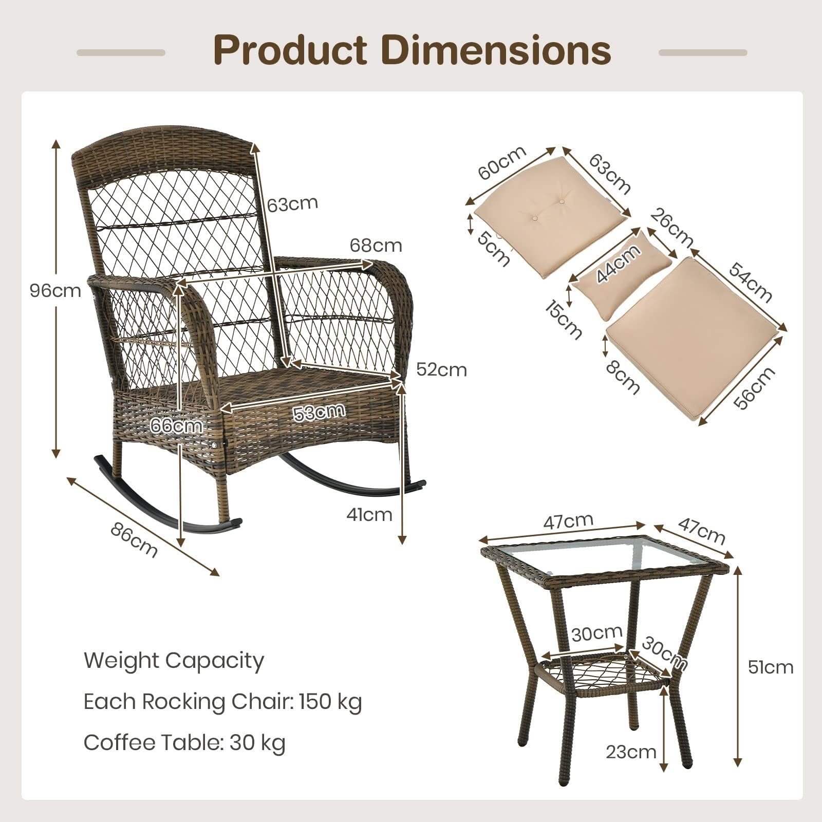 2026 New Courtyard Dining Tables and Chairs, 2pcs Outdoor Wicker Rocking Chair Set, Rattan Rocking Chair with Thick Cushions & High Back, All-Weather Wicker Rocking Bistro Set for Porch, Patio, Balcony