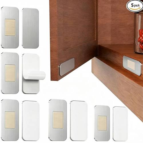 10 stück (5 sets) edelstahl, ultradünne, starke magnetische schranktürverschluss, kann auf küchenschränken, kleiderschränken und schubladen ohne bohren installiert werden, mit doppelseitigem klebeverschluss für zerstörungsfreie installation, sicher und fest