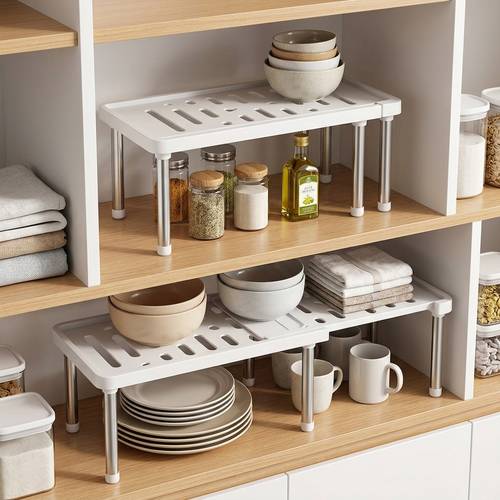 expandable kitchen cabinet organizer shelf adjustable countertop storage rack with sturdy metal legs retractable slatted cupboard insert space saving freestanding holder for plates bowls mugs spice jars in pantry bathroom utility racks