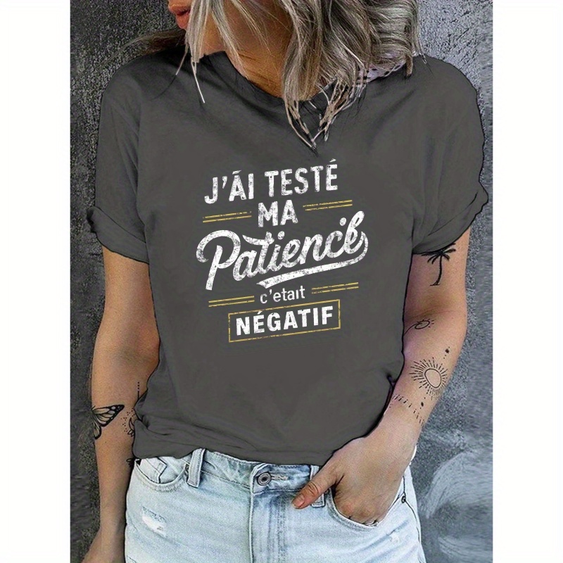 

Women's Casual Crew Neck T-shirt With French Text Distressed Print, Geometric Pattern, Polyester 95% Spandex 5%, Knit Fabric, Regular Length, Top