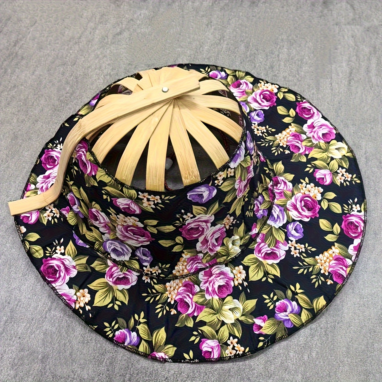 1 Pack Women's Dual-use Sun Hat& Fan- Foldable Floral Pattern Summer Travel Hat, Portable Bamboo Wide Brim Beach Hat, Sunshade Hat