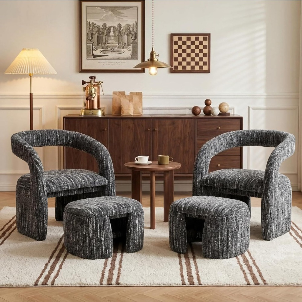 1pc Modern Accent Living Room Chair Set with One Ottoman, Upholstered Barrel Sherpa Lounge Side Chair, Comfy Side Reading Reclining Chair for Living Room, Bedroom, Apartment, Reading Room, Office