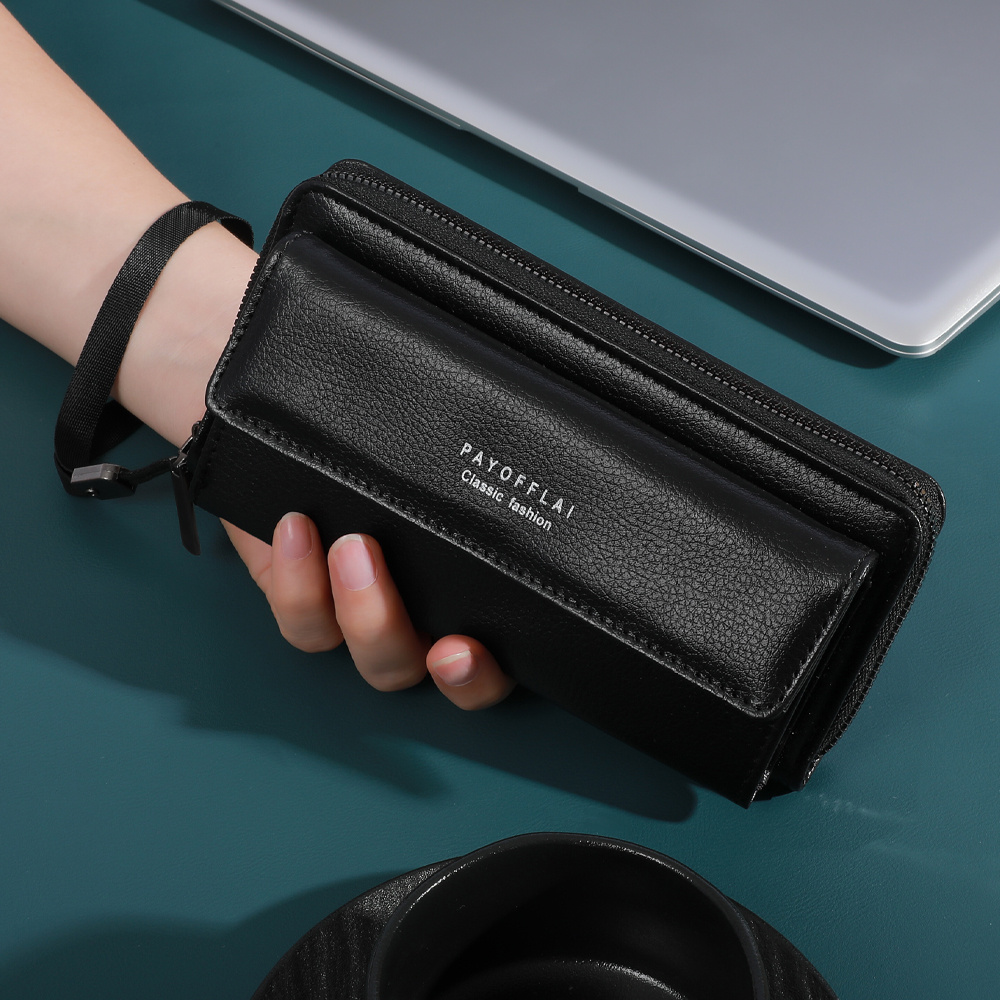 Classic Pu Men's Wallet - Double-layer Design With Snap Closure, Holder, And Photo Compartment, Long With Lychee Texture For Women