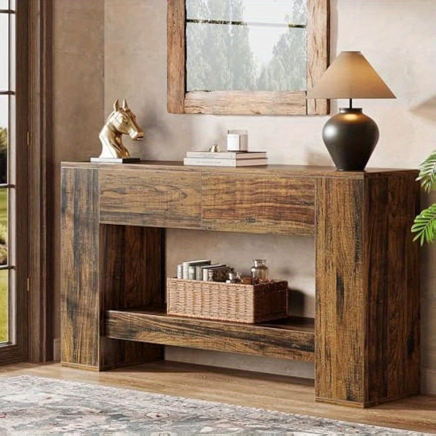Image of 55.1" Modern Console Table With 2-tier Storage & Drawers - Space- Freestanding Sofa Table Suitable For Living Room, Hallway, Entrance, Wood With Frame, Assembly, Rustic Brown Entryway Furniture