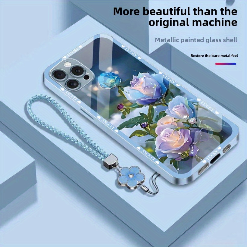 TEMU Coque de téléphone - Une coque de téléphone en verre de luxe légère avec un motif de fleur , compatible avec iPhone 16/16 Pro/16 Pro Max/16