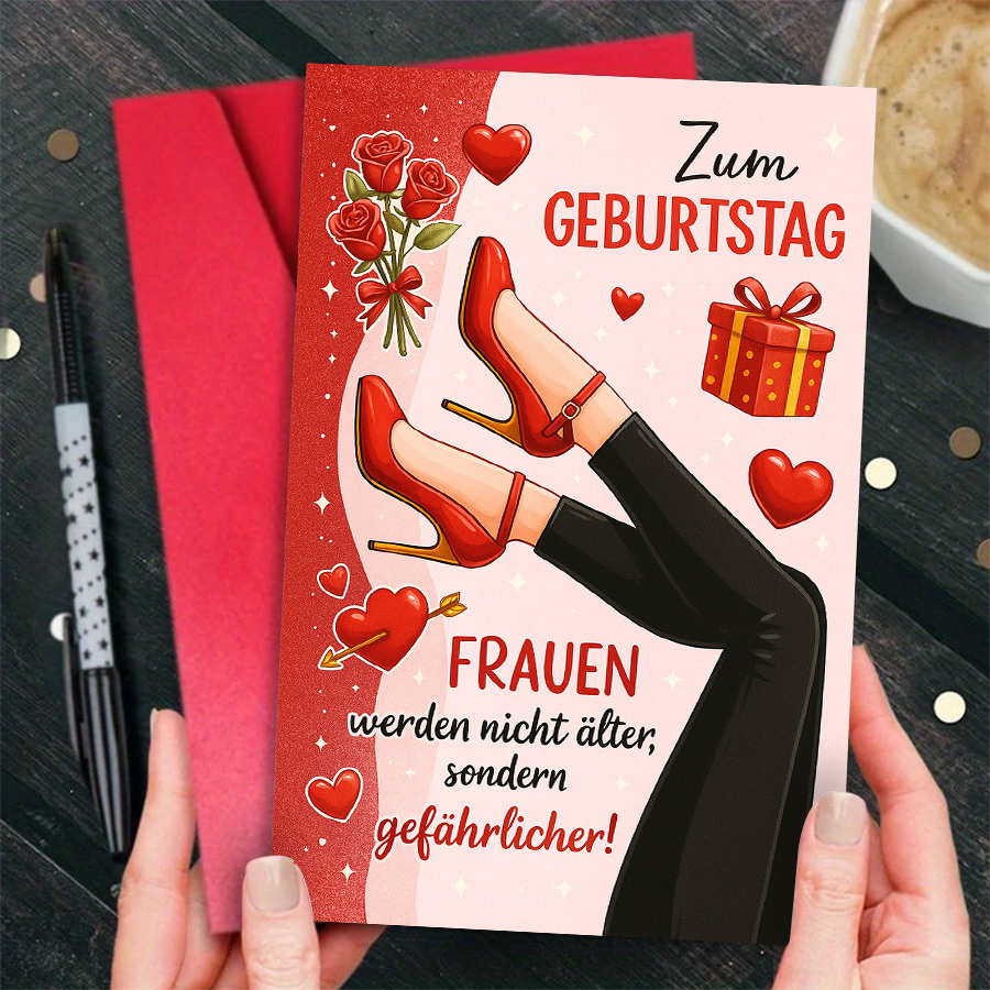 Image of A Chic Birthday Card Featuring Red High Heels And Roses, Perfect For Women Marking Milestones, Suitable For Birthday Wishes , Family, And Colleagues