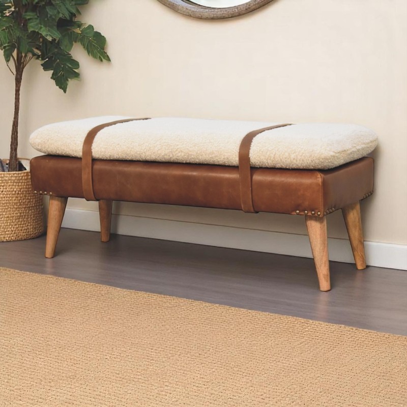 Chestnut Boucle & Buffalo Hide Leather Bench - Modern Accent Seat