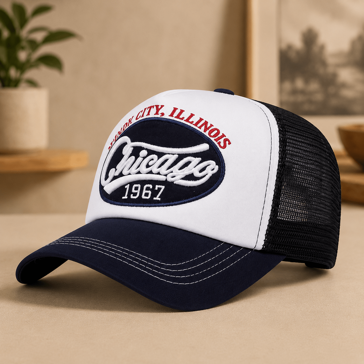 TEMU 1pc Chicago Letter Baseball Cap Vintage Trucker Hat Embroidered Patch Curved Brim Adjustable Dad Cap Casual Streetwear Outdoor Wear Fashion Hat