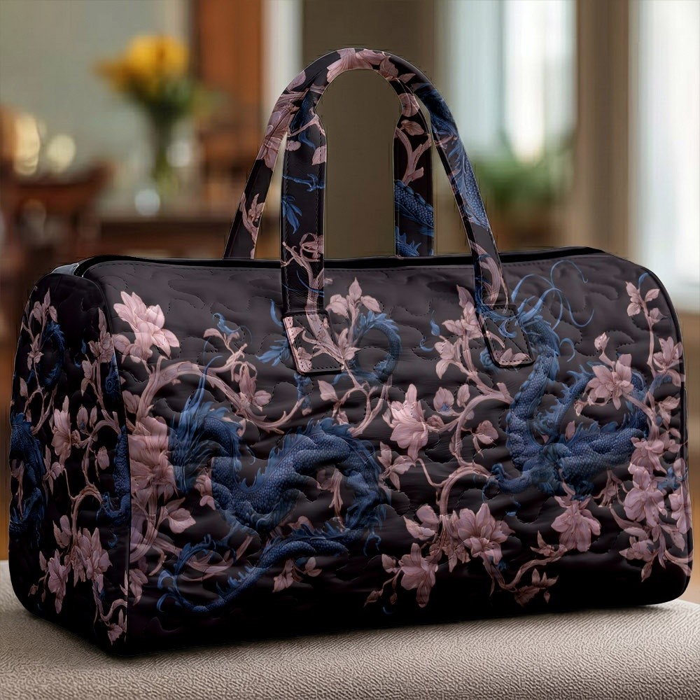 Women's Stylish Blue Dragon & Pink Floral Print Shoulder Tote Bag, Material, Multiple Specifications , Artistic Mythical Design Shoulder Bag For Daily Use & Daily