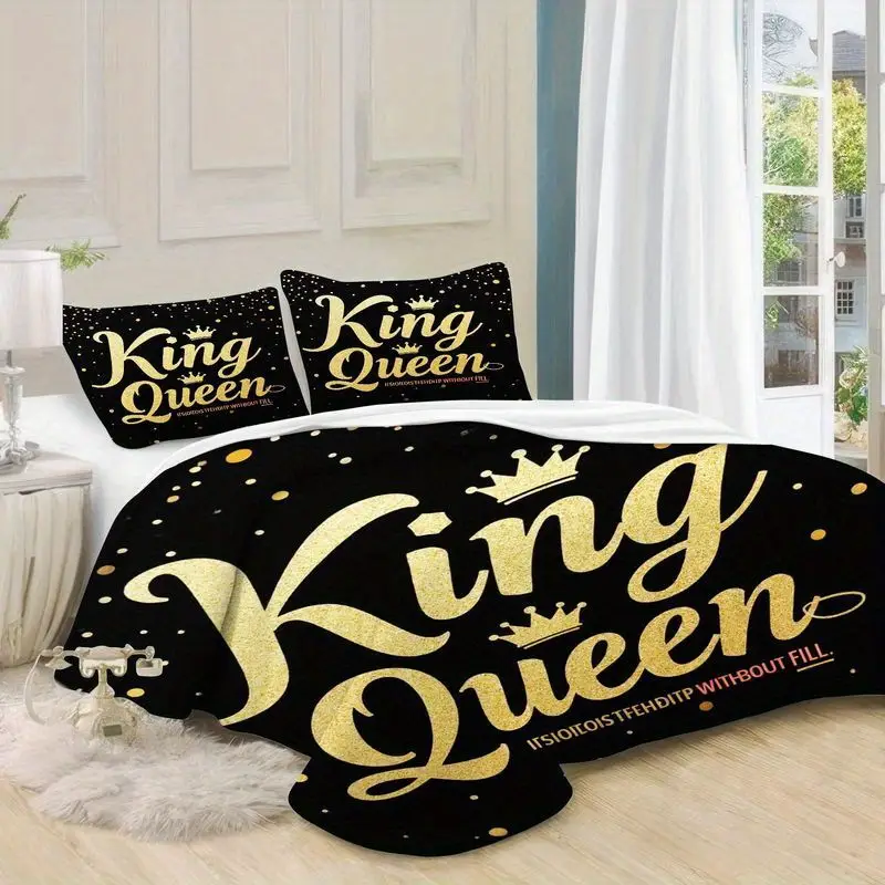 3pcs luxury king queen golden letter print duvet , modern romantic black theme bedroom decor, soft polyester fabric for master 1 duvet +2 pillowcases, queen size bedding set, king size sets, queen bed comforter set, set, durable fabric, bedding, pillowcase set, couples gift, home decor lovers Product details 8