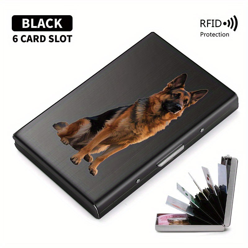 TEMU Porte-cartes haut de gamme en acier inoxydable avec blocage RFID pour hommes, motif assis - Portefeuille élégant en métal noir, de compartiment