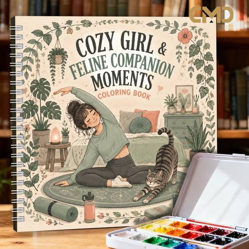 item picture 1pc 20 20cm coloring pages single sided printed advanced stress relieving book with unique cozy theme exquisite inner pages promotes relaxation anxiety relief perfect gift for art enthusiasts cozy girl feline companion moments