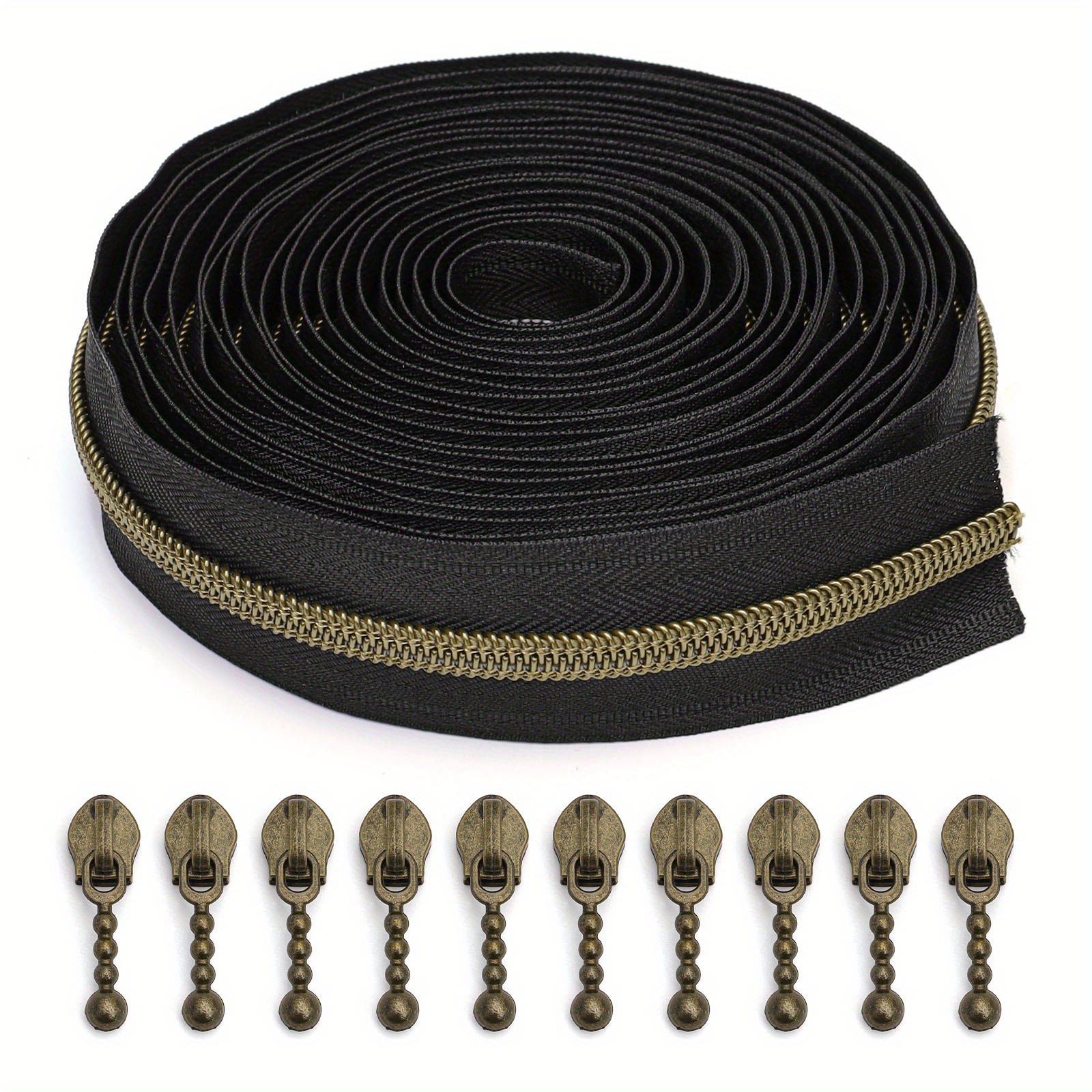 Image of 1 Set = 450cm Zipper + 10 Zipper Pulls, 5# Antique Bronze Teeth Zipper, Nylon Zipper Options, Round Pulls Matching Teeth Color, Suitable For Luggage, Clothing, Crafts, And Sewing Projects