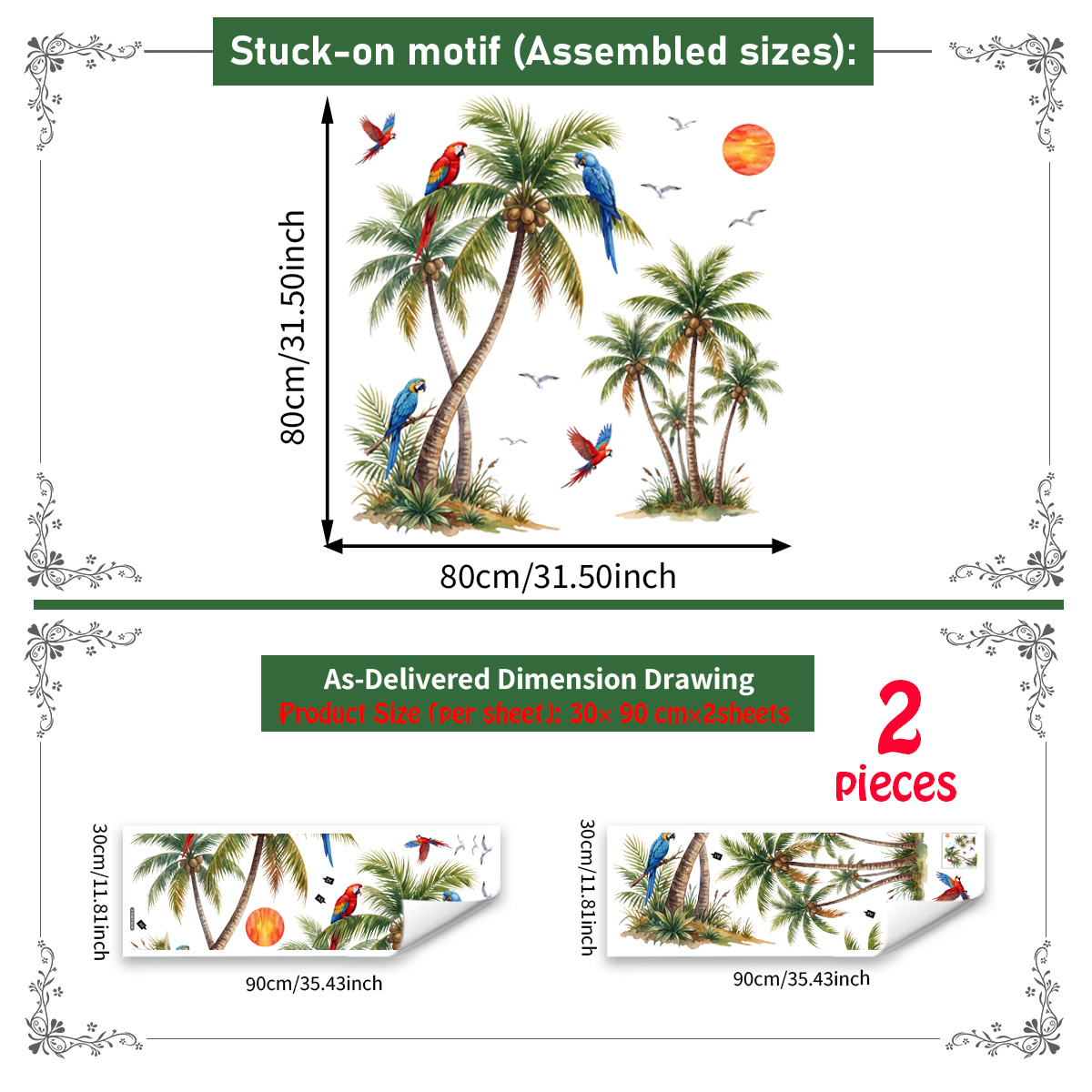 TEMU Ensemble de 2 stickers muraux aquarelle avec des cocotiers tropicaux et des aras (30 x 90 cm ), autocollants muraux représentant des couchers de