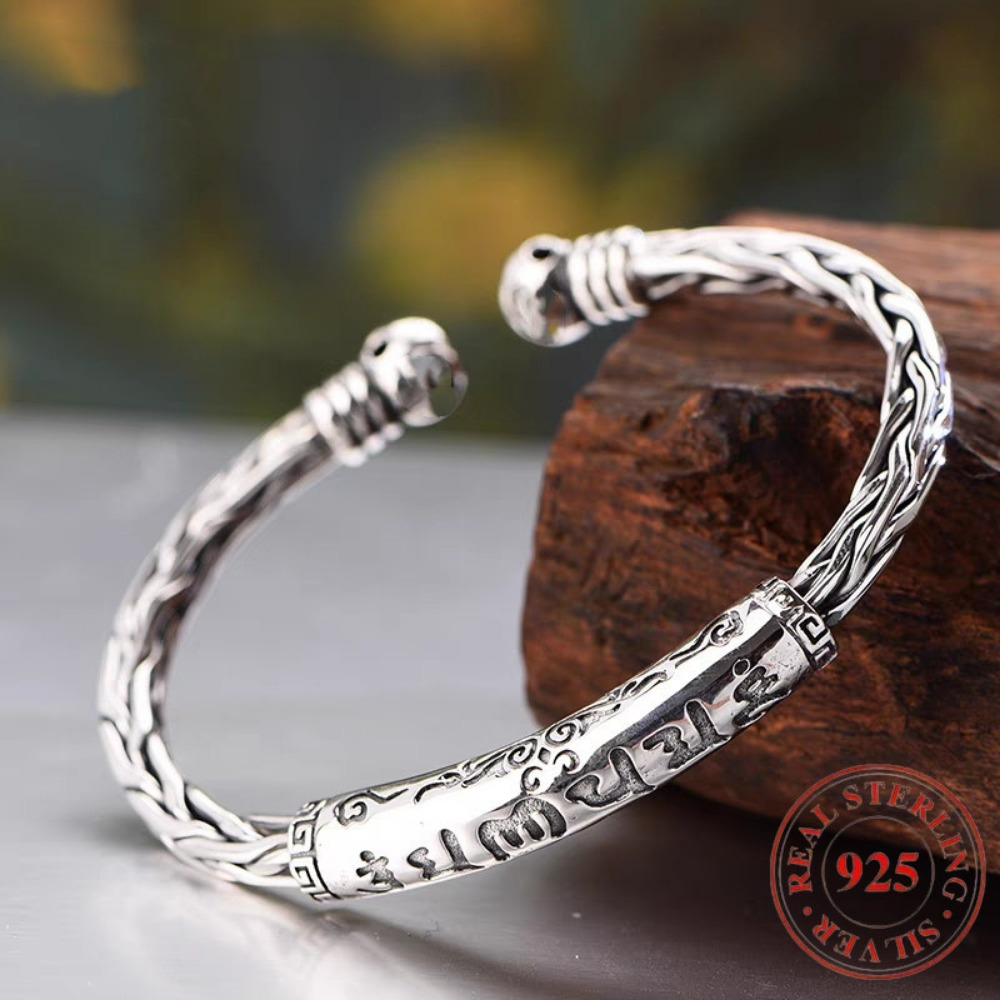 TEMU 925 Sterling Silvery Silver Motto Bracelet, 6 Character Motto, Retro Fashion, Simple And Elegant, Valentine's Day Gift
