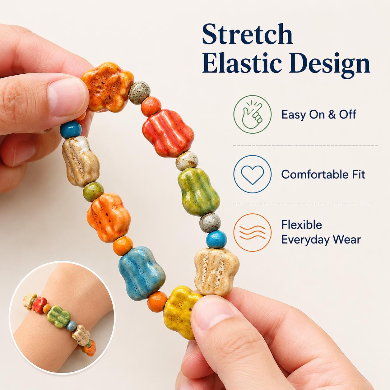 Colorful Ceramic Beaded Stretch Bracelet, Boho Handmade Look