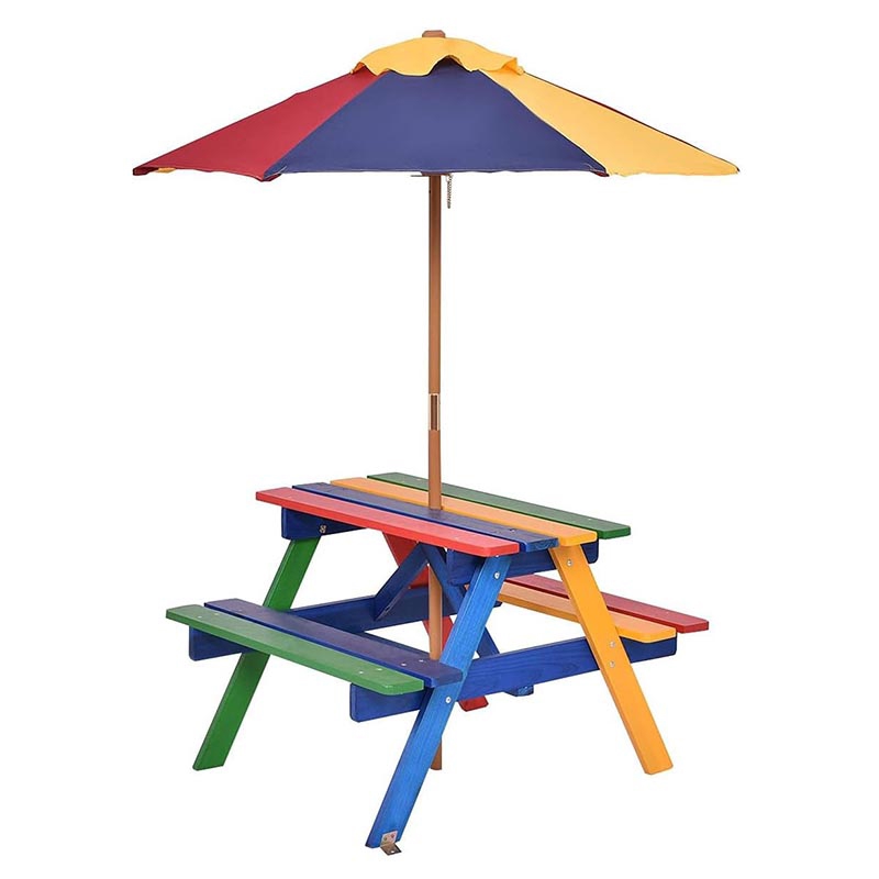 E-shop Kinder-Picknicktisch Bänke-Set für 4 Kinder – Outdoor/MDF-Tisch mit abnehmbarem Sonnenschirm, Weichholz, Montage-Kinderaktivitätsmöbel für
