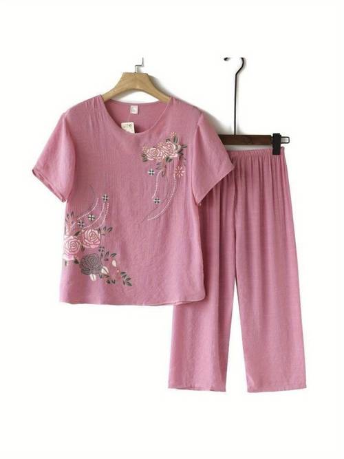 item picture plus size womens casual summer printed short sleeved top wide leg pants two piece set