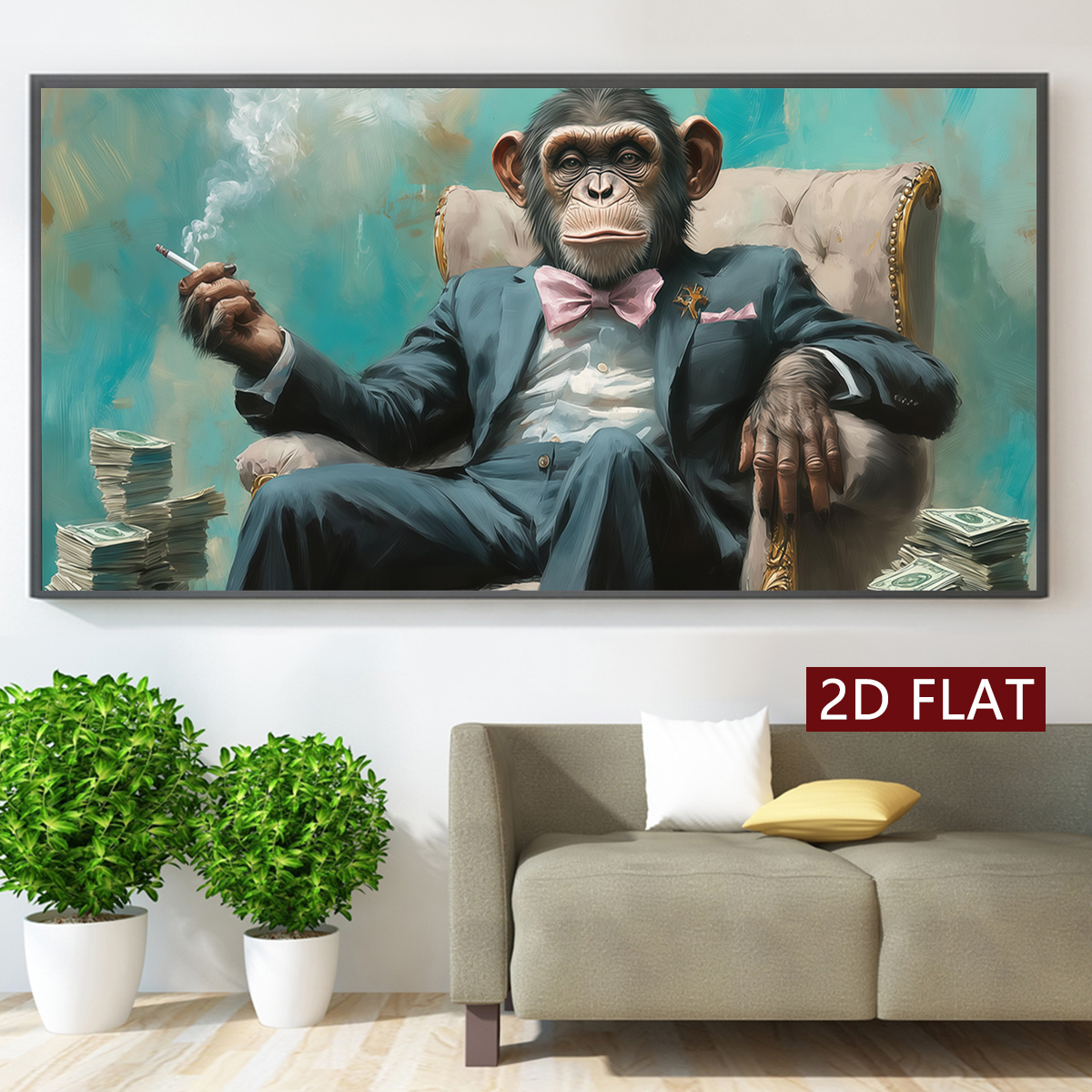 TEMU 2d Flat, 1pc Smoking Monkey In Suit With Money Art Poster - Modern Wealth & Decor, Suitable For Office, Living Room, Bar - Unframed Horizontal