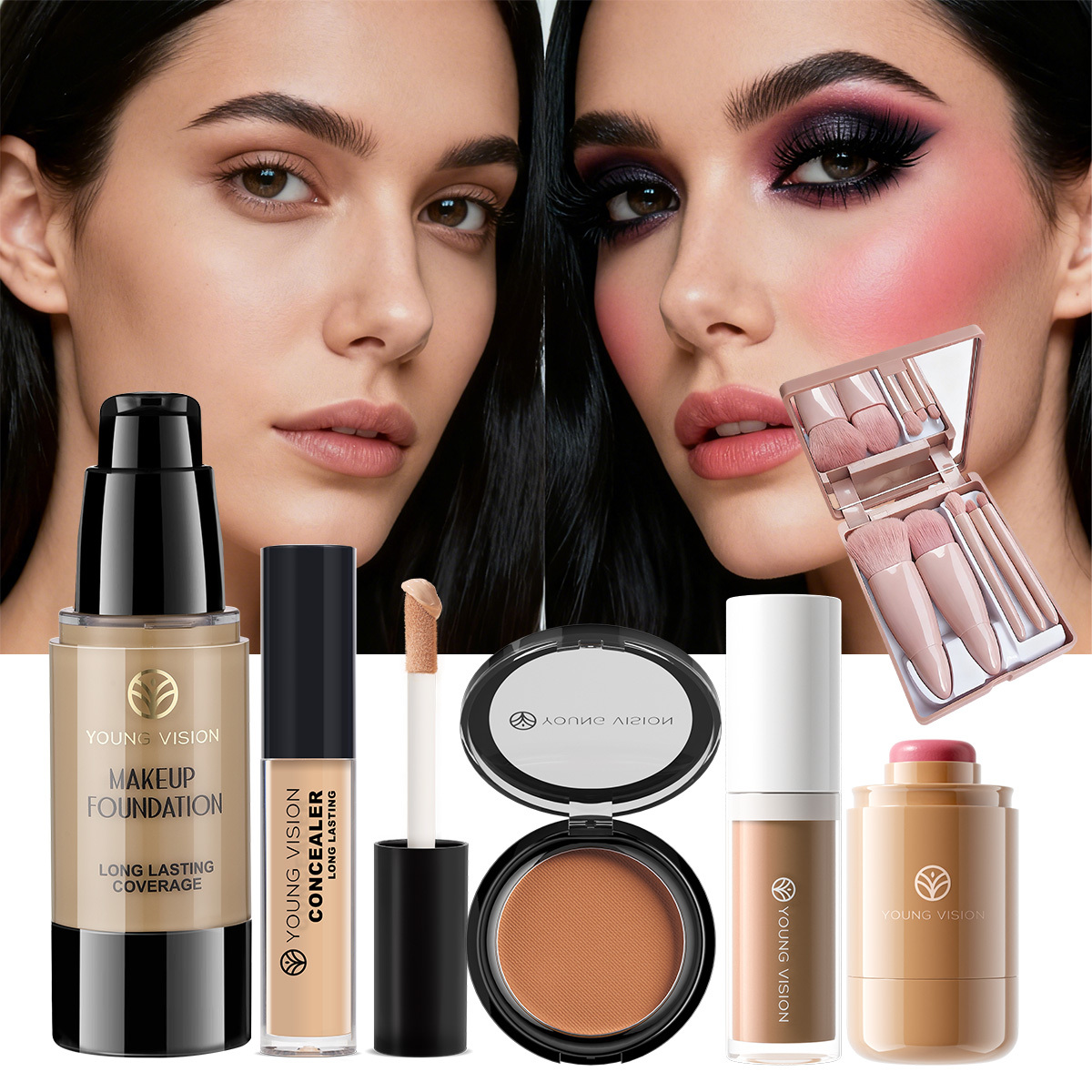 10 komada set za šminkanje lica s puderom, korektorom, konturom, rumenilom i mat bronzer prahom, uključuje 5 ružičastih četkica s kutijom s ogledalom, dugotrajni, prijenosni profesionalni set za šminkanje za žene, set za konturiranje, sveujedan set za šminkanje lica kao poklon