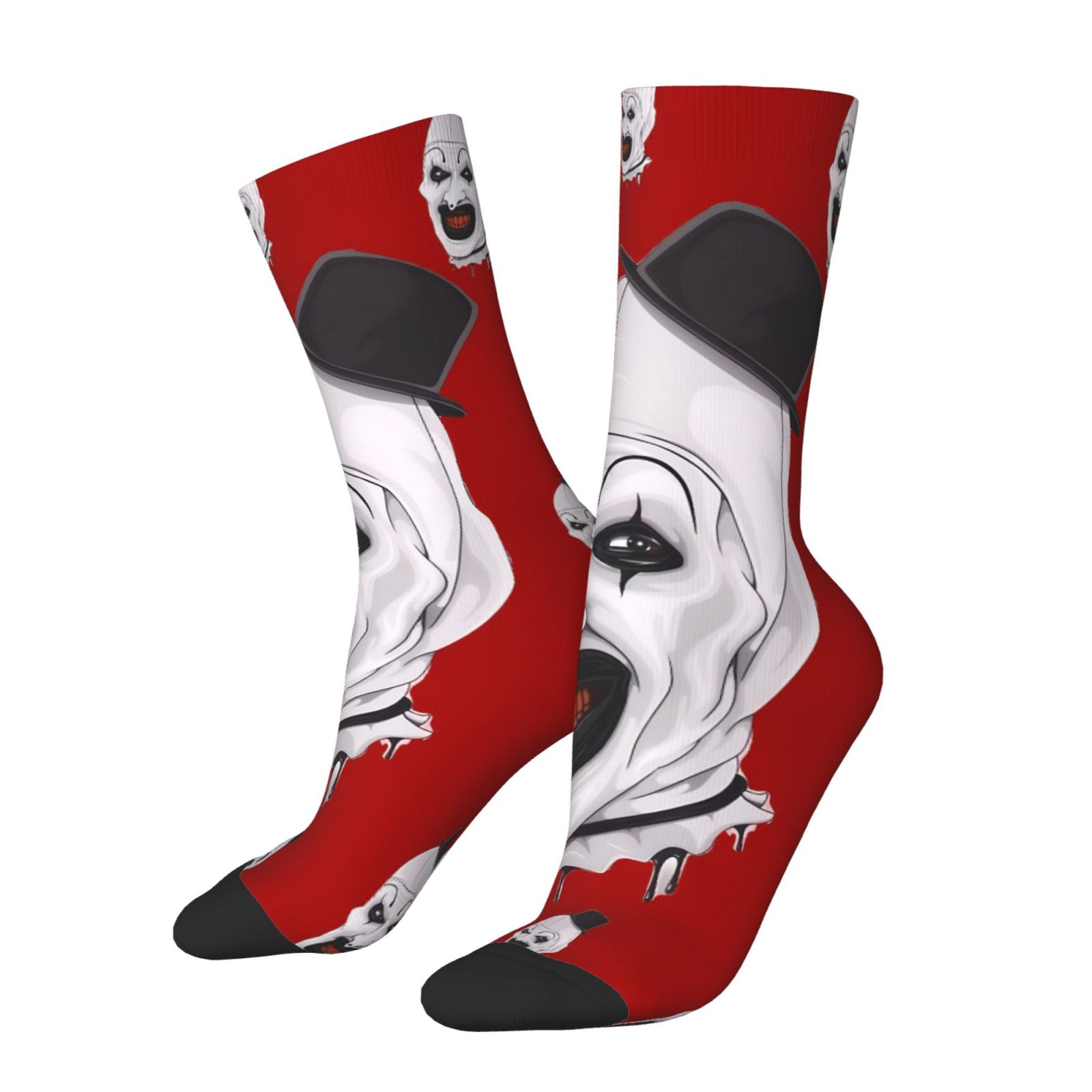 TEMU 1 Pair Men's & Women's 3d Printed Clown Face Socks - Funny Novelty Crew Socks With Spandex Blend, Red/white/black/black Toe & Heel - Durable
