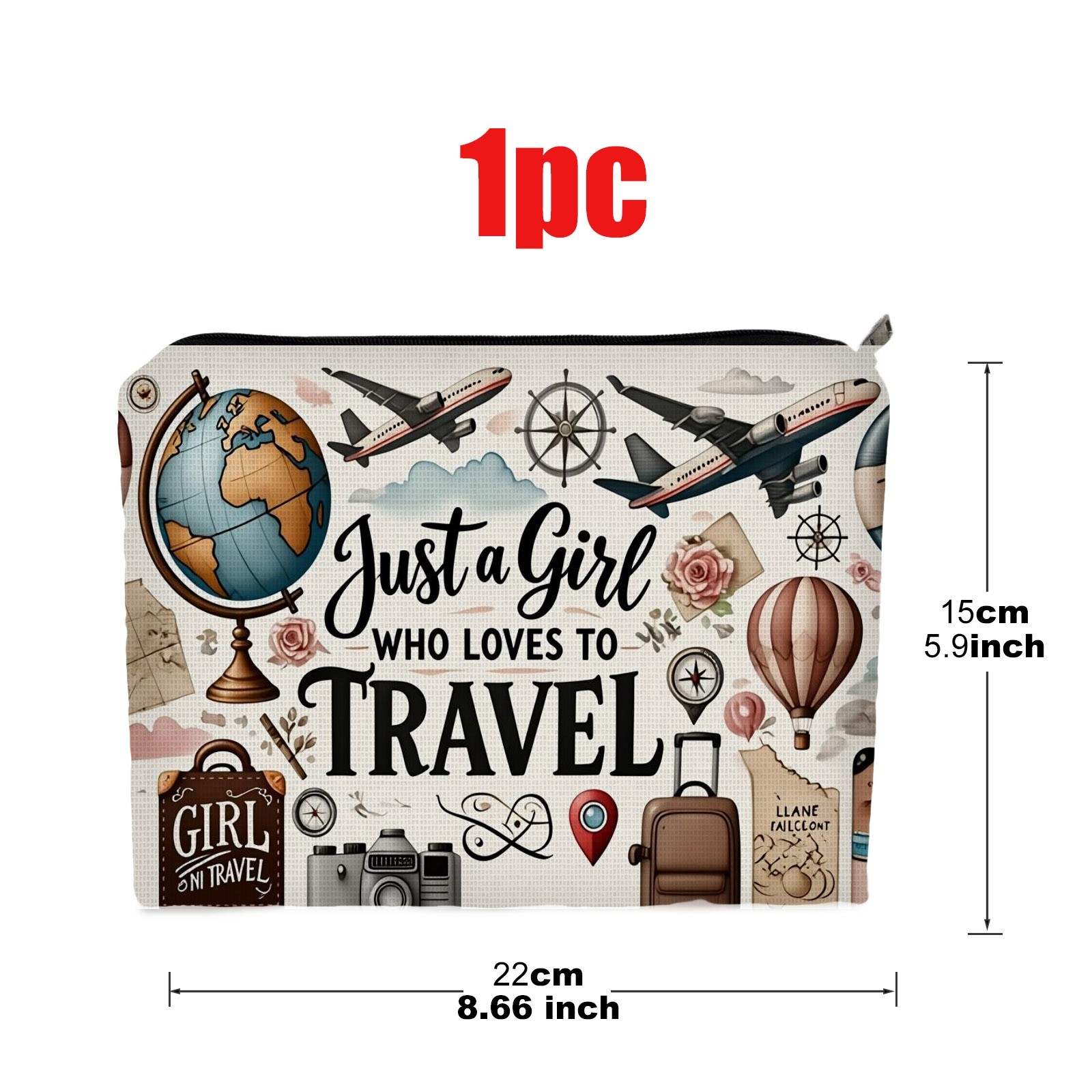TEMU 1pc Travel-themed Double-sided Cosmetic Bag, 5.9in * 8.66in, Polyester Material, Features , Airplanes, Compass & More, Ideal For Travel, Daily