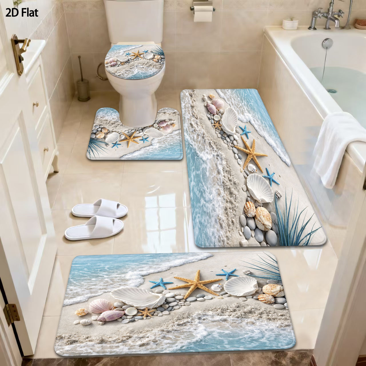 TEMU Tapis de bain antidérapant plat 2D 3/4 pièces, étoile de de plage, tapis d'entrée de salle de douche, décoration intérieure, tapis d'absorption