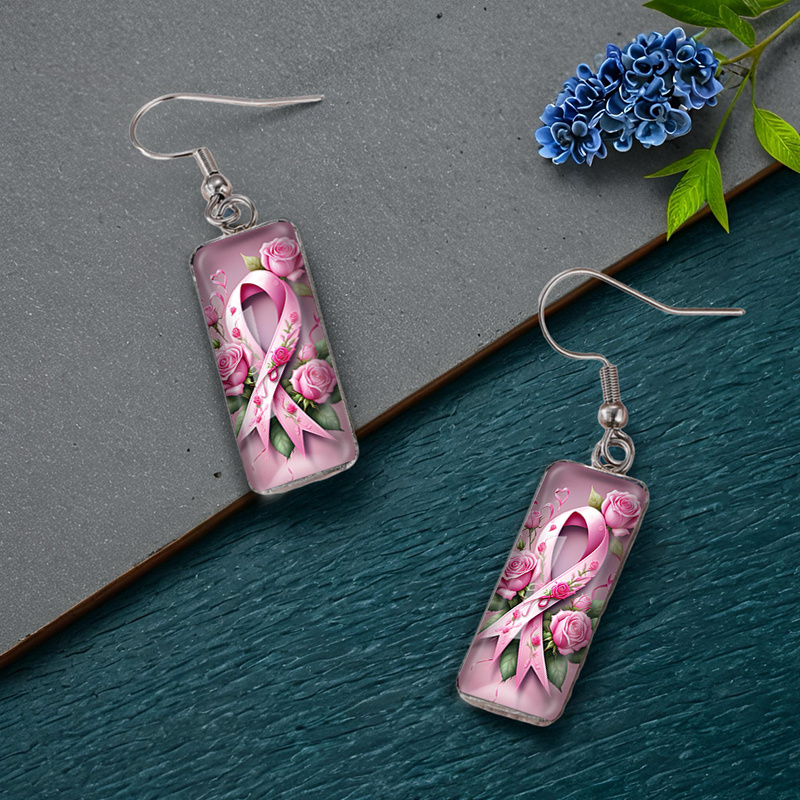Women's Pink Ribbon Rose Rectangular Dangle Earrings