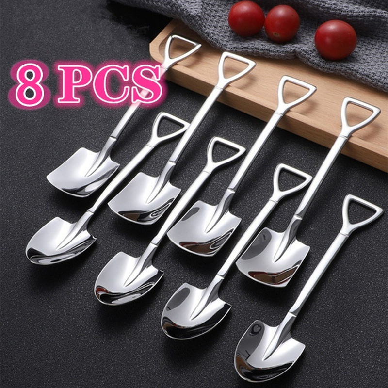 8pcs stainless steel coffee ice cream spoon set shovel shaped dessert spoons with ergonomic handles   parties weddings details 1