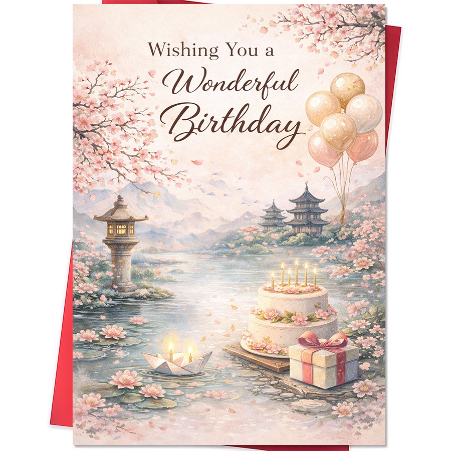 TEMU 1pc Greeting Card And 1pc Envelope Personalized 1pc Greeting Card For Ideal For Birthday Celebrations With Cherry Theme And Beautiful Landscape