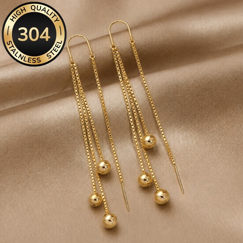 TEMU Boucles d'oreilles pendantes à pompons et chaîne dorée au , élégantes et longues pour femme en acier inoxydable 304, pour , les banquets et ,