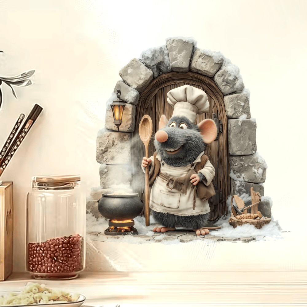 Image of A Mouse Chef Wall Sticker Featuring Of A , Perfect For Kitchen Wall Decoration. It A Mouse Cooking And Is A 2d Flat Sticker Suitable For Living Rooms, Bedrooms, Kitchens, Doors