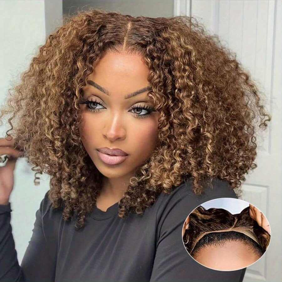 TEMU Glueless Wig Human Hair Pre Precut P4/27 Highlight Ombre Honey Blonde Curly Bob 250 Density 13x4 Lace Closure, Deep Wave, Natural Hairline For Women