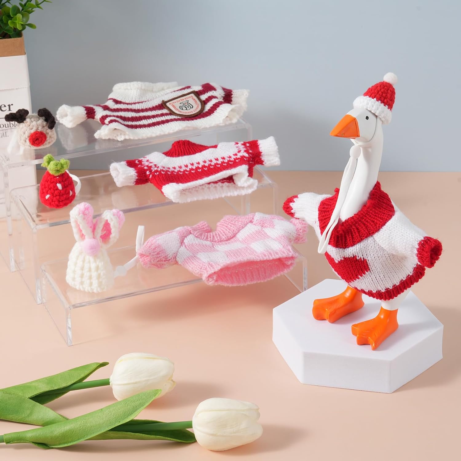 TEMU 4pcs Desktop Goose Suit Set, Suitable For 7inch Mini Goose, Mini Desktop Goose Outfit Goose Decoration Accessory Set (hat+fabric), Home Desktop Decoration, Cute Little Goose Clothing