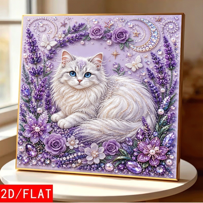 TEMU 2d Flat Printing Diy Pearl Art Painting Kit, Purple Lavender Pearl Cat Pattern, Includes Round Pearls, Shiny Gemstones, Clear Symbols, Full Set